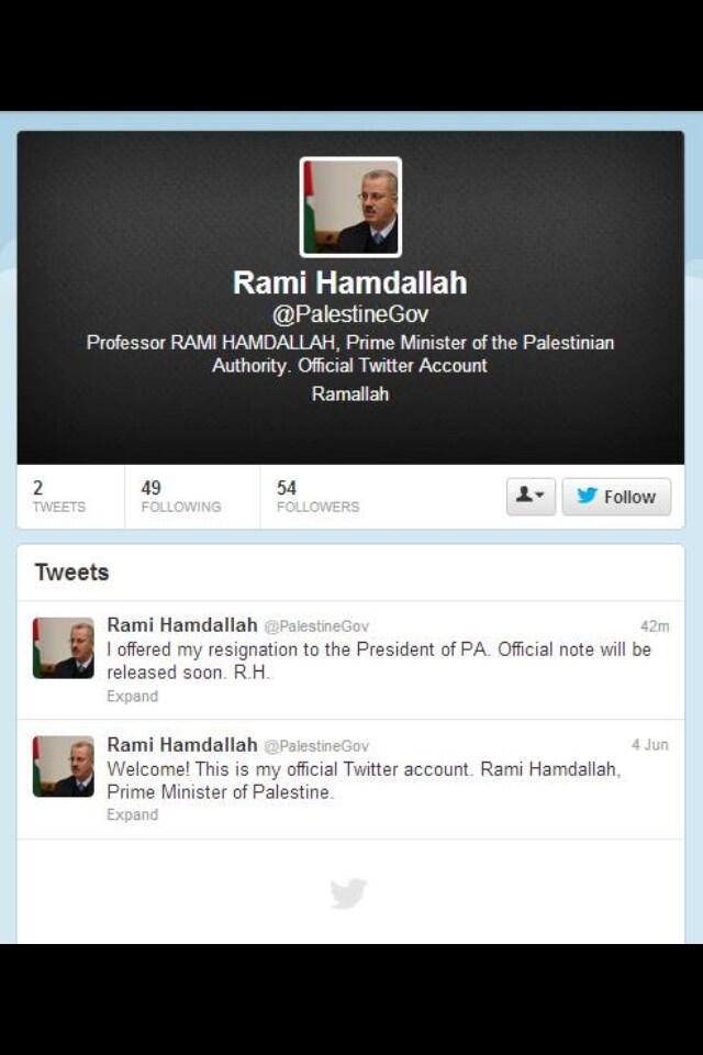 Screen shot of the supposed Rami Hamdallah Twitter account - at 2 Tweets Screen shot of the supposed Rami Hamdallah Twitter account - at 2 Tweets