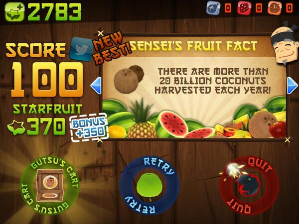 WildAtlanta's tweet photo. I just sliced 100 fruit in Classic Mode on Fruit Ninja HD for iPad! http://t.co/kLsb3ZhFTQ http://t.co/H2eyNhsFQL