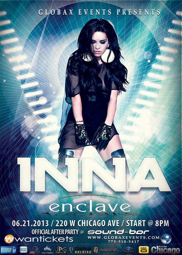 .<a href="/inna_ro/">INNA</a> tonight <a href="/EnclaveChicago/">Enclave</a> at 8pm! Official afterparty <a href="/sound_bar/">Sound-Bar Nightclub</a>! Get ur tix at Wantickets asap! #chicago