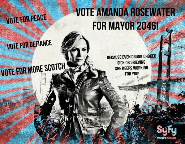 AmandaRosewater's tweet photo. Thank you!! Great campaign ad!  “@JulieBenzFanS: Vote for @AmandaRosewater for a better #Defiance and free scotch! http://t.co/wsAfi7mbwD”
