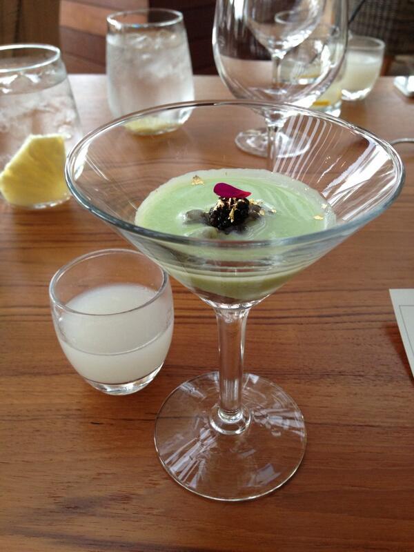 First up: Chilled Edamame Soup w/ Kauai Shrimp &amp; Caviar, Nigori sake #lanaiomakase