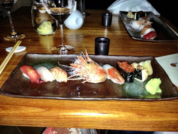 Chef's selection sushi paired with hot sake #lanaiomakase. Check out that prawn!