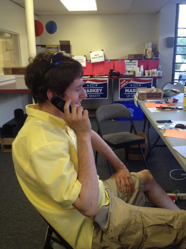 mikeyavorsky's tweet photo. .@MarkeyFieldTeam lucky to have @nickVrusso - making calls after his third canvass shift today! #masen #MarkeyJune25 http://t.co/gnypdbAUtA