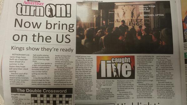 MusclesMannin's tweet photo. @AlvarezKings in the Rotherham Advertiser, incredible band! #breakingusa #warpedtour #alvarezkings http://t.co/Aq11lg5rEQ