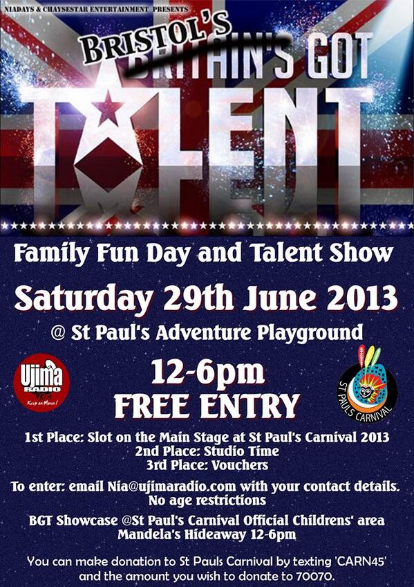 naomidavis9's tweet photo. Bristol's Got Talent 2013 @St Pauls adventure playground  Bristol BS2 
Sat 29th June  12-6pm Free Entry http://t.co/YfkCDuYM6z