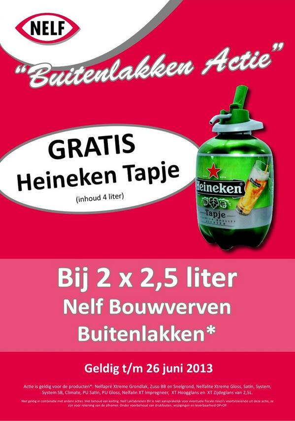 ***ACTIE*** #Gratis #Heineken tapvaatje  bij 2 x 2,5 liter #NELF bouwverven / buitenlakken* #Actie t/m 26 juni.