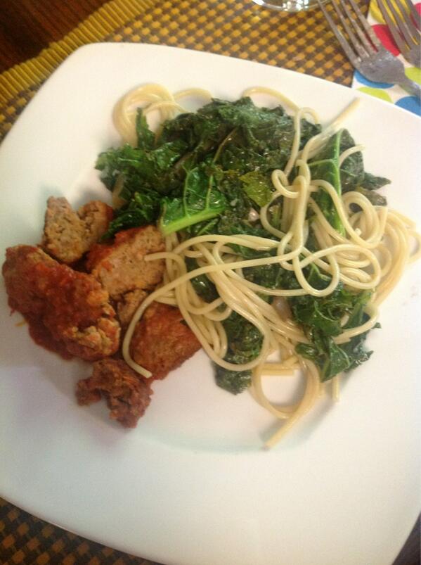 Braised kale with pasta and andouille sausage meatballs. #foodbloggers #kale #addredwine.