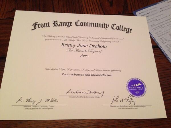 BrittnyDrahota's tweet image. Got my diploma in the mail today #associateofarts #frcc #gome