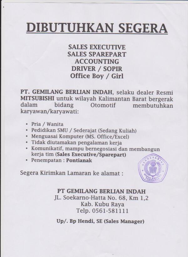 Kota Pontianak على تويتر Loker Pt Gemilang Berlian Indah Mitsubishi Kubu Raya Info Http T Co S0u0bf0we9