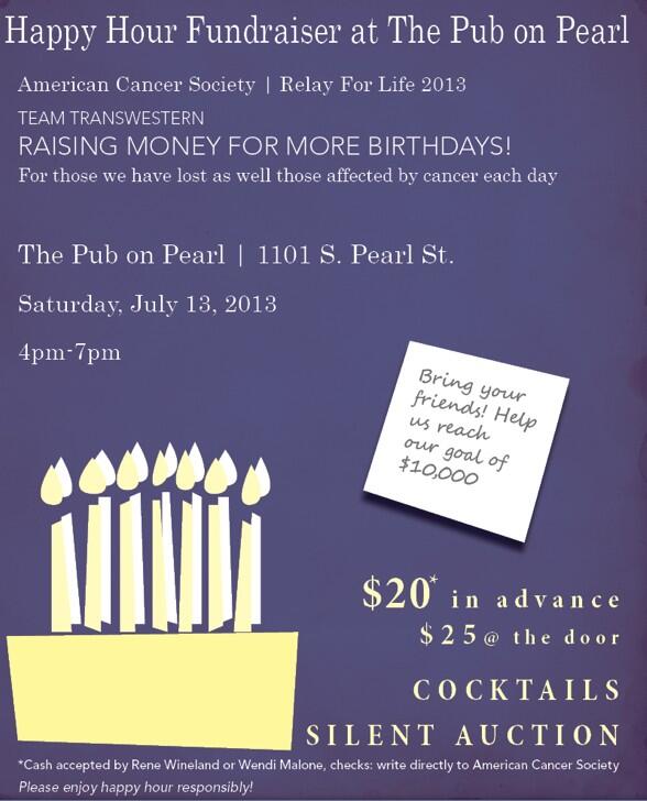 Come out to the Team <a href="/Transwestern/">Transwestern</a> Happy Hour July, 13th at <a href="/PubOnPearl/">PubOnPearl</a> #washparkrelayforlife
