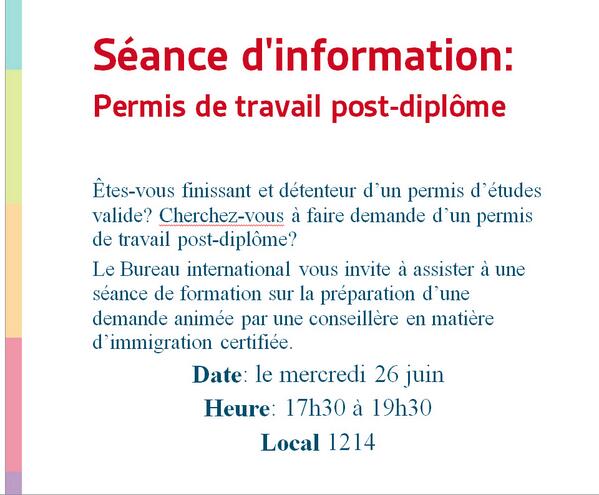 BureauInt_USB's tweet photo. Oyez! Oyez! Finissant.e.s de l'USB! Demain: session sur le permis de travail post-diplôme dès 17h30 au 1214. http://t.co/c5LyyCK49s