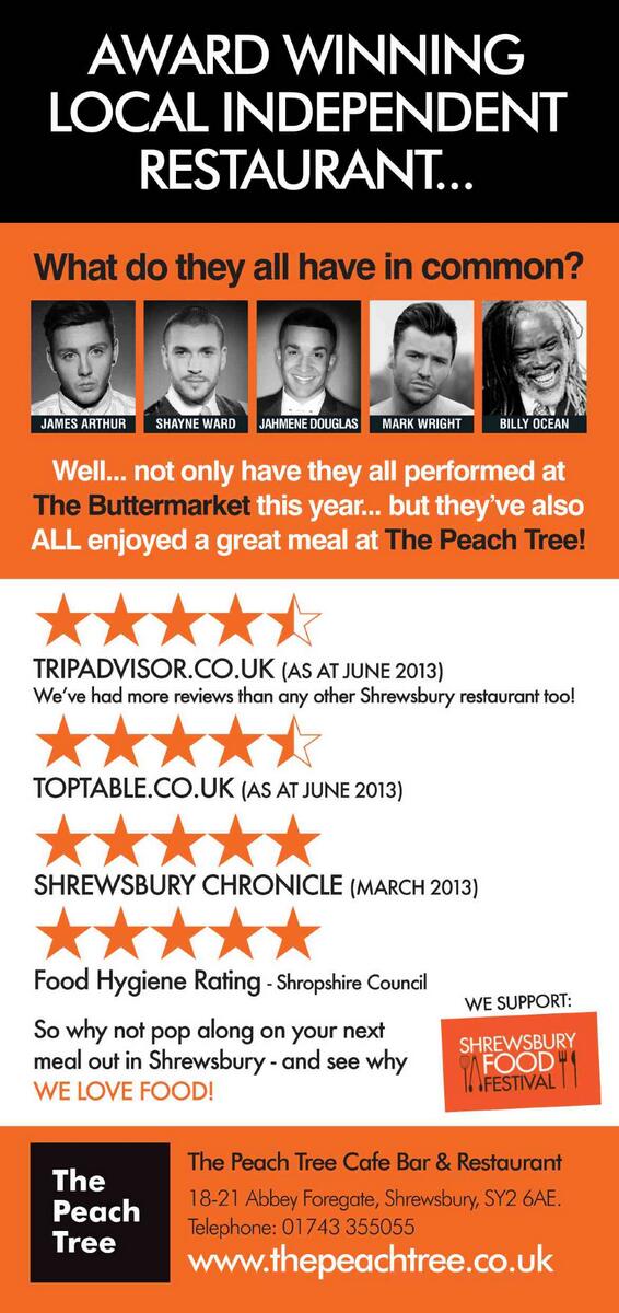 ThePeachTree1's tweet image. WIN!  A MEAL FOR 2 at The Peach Tree in Shrewsbury - to enter simply RT this + follow @ThePeachTree1 before 2 July!