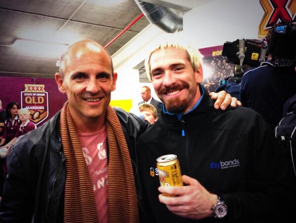 QLDmaroons's tweet photo. Carl Barron &amp; Aker - two happy Queensland supporters #QLDER http://t.co/LVJ1mT36Hr