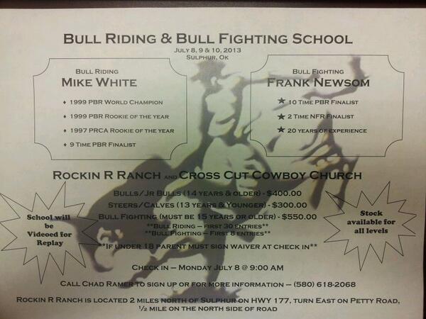 NewsomFrank's tweet photo. Check out the flyer for Bullfighting and Bullriding School information http://t.co/TjRE2R552v