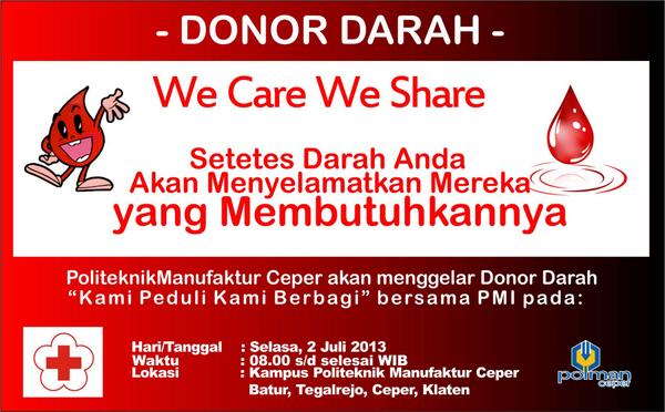 kabarklaten's tweet photo. Donor Darah | Selasa,2/7/13 | 08.00 | @ Kampus Politeknik Manufaktur Ceper Batur CP Gita 085799202669 http://t.co/aWoofzZNFd @Polman_Ceper: