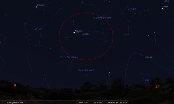 infoAstronomy's tweet photo. Rasi Bintang Bootes kali ini sdh bergerak ke Barat Laut. Cari bintang paling terang saja (Arcturus) utk menemukannya: http://t.co/PoFC7QIlss