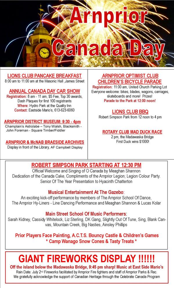 Don't miss any of the exciting events taking place in Arnprior on Canada Day, Monday July 1st! #CanadaDayInArnprior