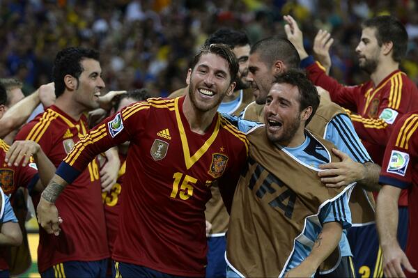 BBCSport's tweet photo. Sergio Ramos leads the celebrations as SPAIN beat Italy 7-6 on penalties and book a #Confeds final against Brazil http://t.co/ay2917vXoZ