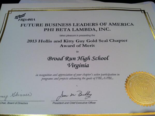 Woo hoo! Congrats <a href="/BroadRunFBLA/">Broad Run FBLA</a> for earning the Gold Seal award for 2012 - 2013!! #FBLA #NLC2013