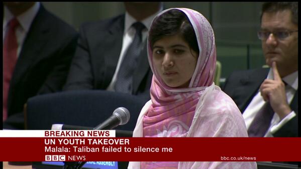 "They thought bullets would silence us but they failed" - #Malala Yousafzai speaks at UN bbc.in/12lFE38
