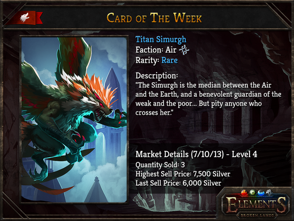 ElementsCCG's tweet photo. Card of the Week: Titan Simurgh (Level 4)

Want it? We’ll send one to a random follower who retweets this tweet! http://t.co/2ElI95AN0b