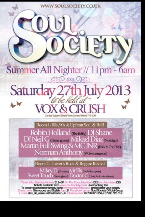 Doc_Tor_Cee's tweet image. Look at the Djs for Soul Society at vox &amp;amp; crush in Telford 27/7/13 #2Rooms #oldskool #reggae #soul
