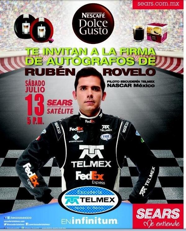 NASCARMex's tweet photo. Este sábado 13 de julio a las 5 pm el piloto @rovelo5 estará firmando autógrafos en Plaza Satélite: http://t.co/kWz7ua6U57