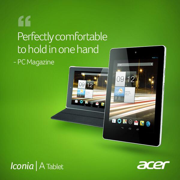 Acer's tweet image. Let's all join #PCMagazine in giving the #Acer #Iconia A #tablet a big hand. bit.ly/l1fi1i