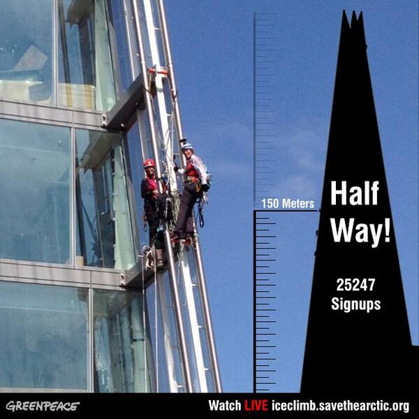 Greenpeace's tweet photo. Halfway to the top! Let's get a wave of support to keep them going! http://t.co/GYzPZYlp9R #iceclimb http://t.co/vXziWaXuyf