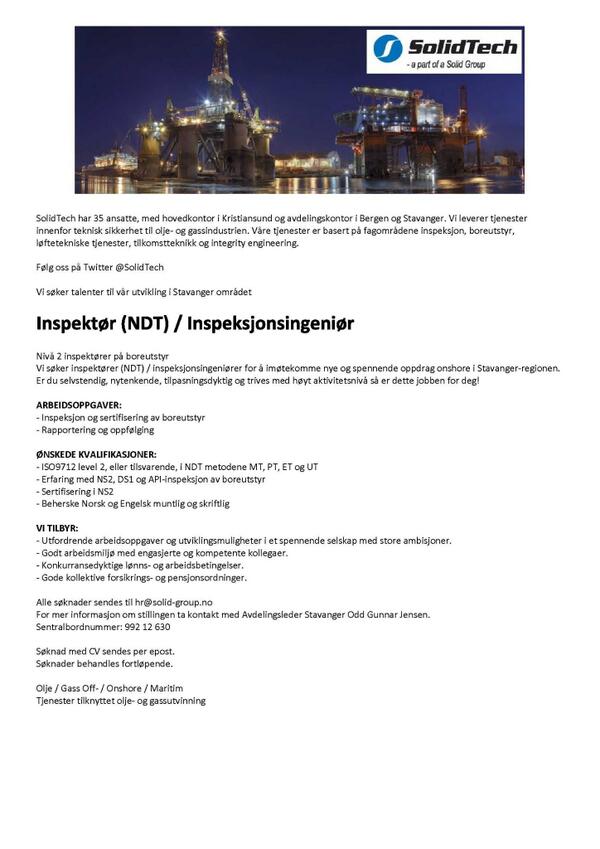 SolidTech's tweet image. #Stavanger Er du selvstendig, nytenkende, tilpasningsdyktig og trives med høy aktivitet er dette jobben for deg!