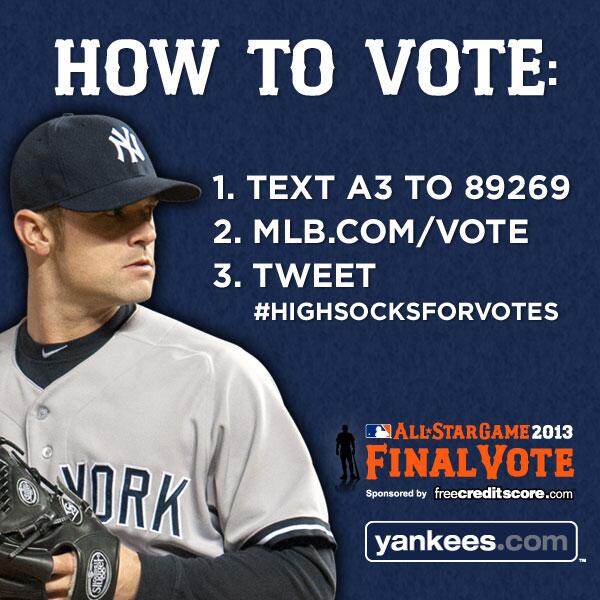 Yankees's tweet photo. Need a break from tweeting? Text A3 to 89269 or go 2 http://t.co/GVLQRqG8TN Then come back &amp; TWEET #HighSocksForVotes http://t.co/j0u2tHg7Ml
