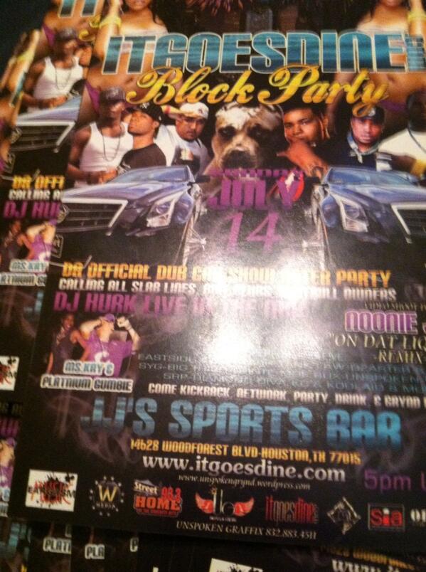 HoustonPhats's tweet photo. http://t.co/ZLv9noYtKc tha block party going dine Sunday July 14th @ J.J.'s Sports Bar 5pm - 10pm http://t.co/FaHGJ6vU5Z