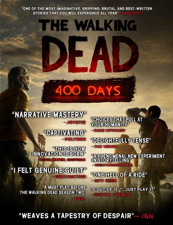 telltalegames's tweet photo. Critically acclaimed episode #TheWalkingDead #400Days is now available on the iOS @AppStore - http://t.co/x0AD8hgiZ6 http://t.co/q2DJ2lUppn