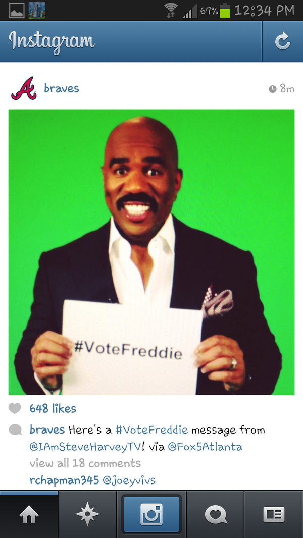 AllHeart80's tweet photo. #VoteFreddie Says @IAmSteveHarvey Go Braves. . http://t.co/Saemga5QkJ