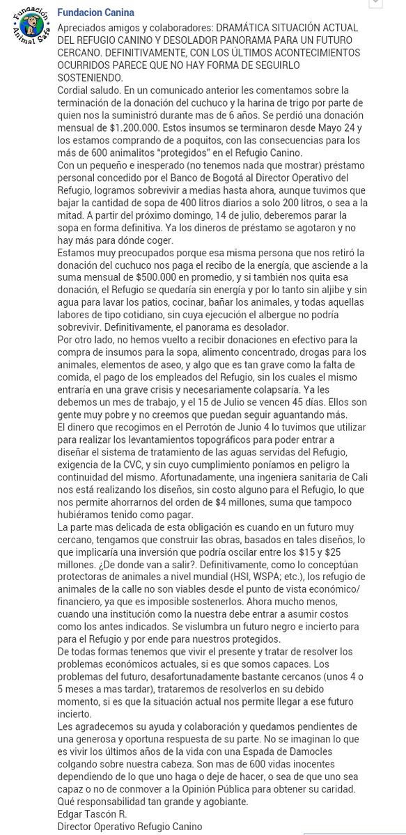 Informante_Cali's tweet photo. “@FundaAnimalSafe: Apreciados amigos y colaboradores. DRAMATICA SITUACION ACTUAL. http://t.co/63zP0u5VCR” AYUDA @PirryTv @PVerde_Cali #cali
