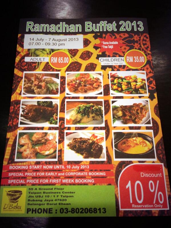 dbakulresto's tweet photo. Our special offer "Ramadhan Buffet" from 14 July-7 August 07.00-09.30pm Come and Visit us at Taipan,USJ 10/1F no.55A http://t.co/hC9orwptSw