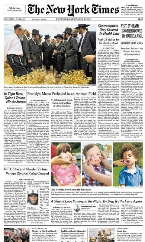SatmarFan's tweet photo. NY Times reporting on the cover about Rabeiny Shlita's efforts to get wheat from Arizona. http://t.co/eo9z2M4uGY http://t.co/y9vMS7D1i6