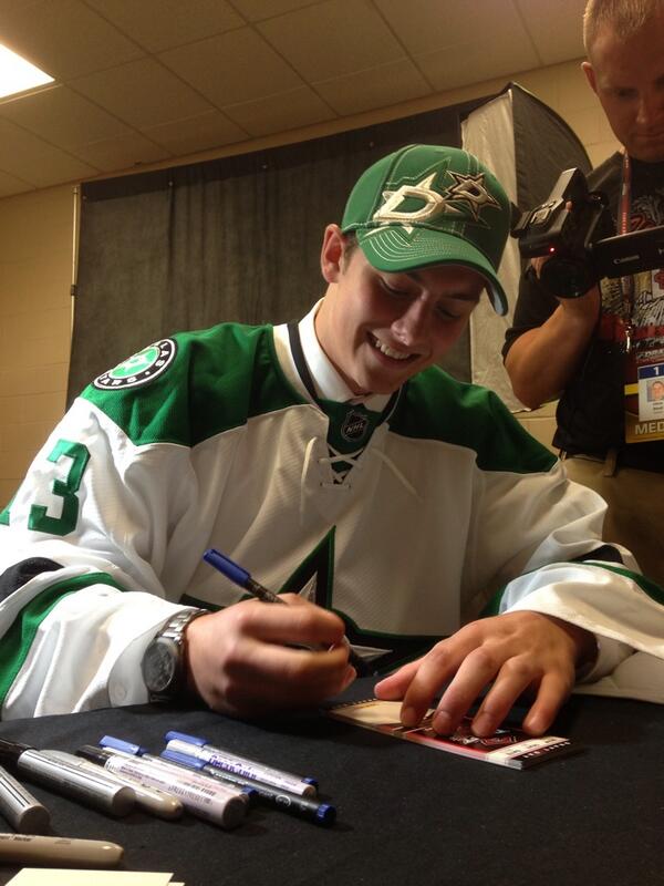 PaniniAmerica's tweet photo. @jdickinson_11, the newest member of the @DallasStars, enjoys a laugh inside the @PaniniAmerica room. #NHLDraft2013 http://t.co/FMyMbFZCh8