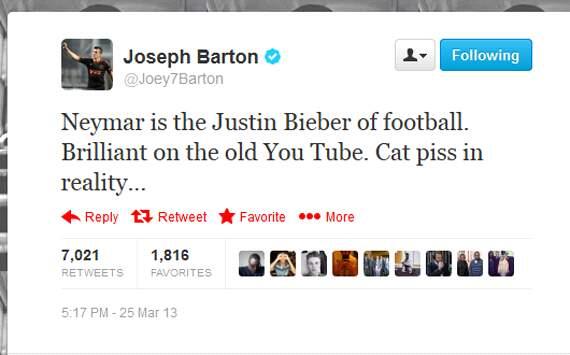 ODDSbible's tweet photo. Remember when @Joey7Barton said this about Neymar... http://t.co/FqA2lrbkNw