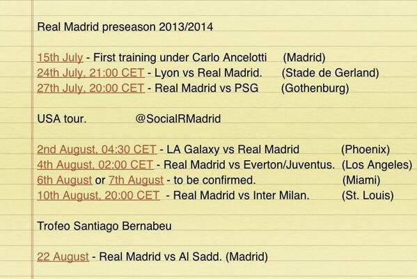 RMCFStats's tweet photo. Jadwal Jadwal Real Madrid Preseason 2013/2014. cc: @Madrid_Indo http://t.co/vrNzMATSHY