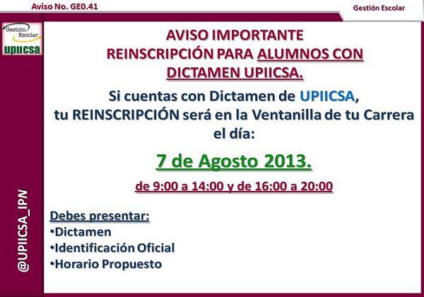 UPIICSA_IPN's tweet photo. Aviso GE0.41 Reinscripción para alumnos con dictamen UPIICSA. http://t.co/Y1h1FtRrZF