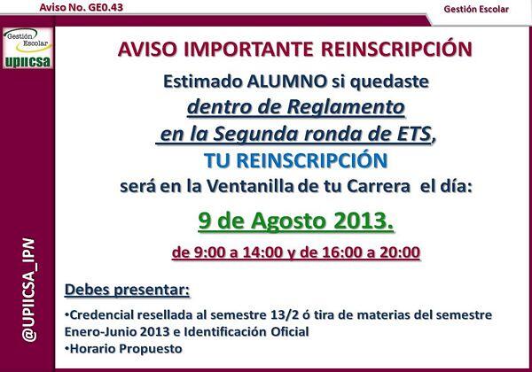 UPIICSA_IPN's tweet photo. Aviso GE0.43 Aviso importante reinscripción. http://t.co/PFG5gYBK7r