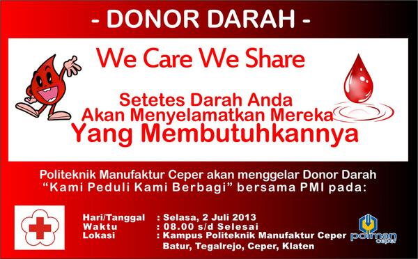 Polman_Ceper's tweet photo. @Salmaradio Donor Darah | Selasa,2/7/13 | 08.00 | @ Kampus Politeknik Manufaktur Ceper Batur CP Gita 085799202669 http://t.co/CX6Q7SV9aS