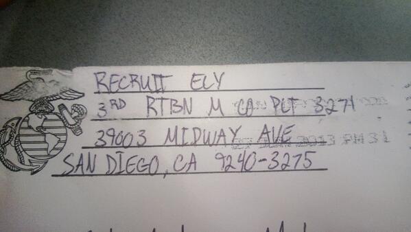 #RACKCITY Here is Ely's Address! WRITE HIM AND MOTIVATE HIM! #makingMarines #family RT RT RT #RT