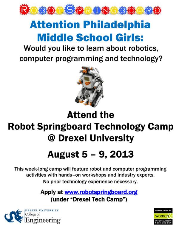 DrexelCS_RET's tweet photo. Middle school girls in Philadelphia can learn about programming &amp; robotics at #Drexel Aug 5-9! http://t.co/p6BJ39aGmx http://t.co/iBaRDKUcSh