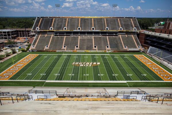USMGoldenEagles's tweet photo. Here is the latest view of the new football turf in #TheRock! #RiseToTheTop http://t.co/Gp53WRRori