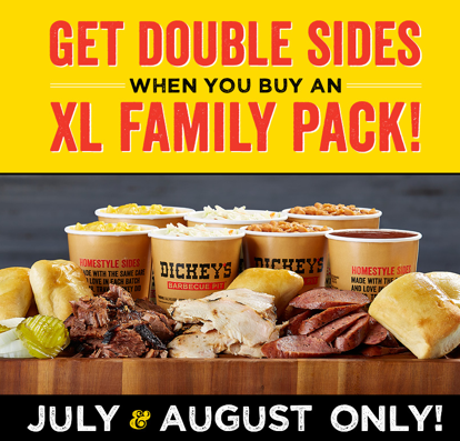 Dickeys's tweet image. Bring the Family to Dickey's for our limited time offer of DOUBLE SIDES with the XL Family Pack!#DoubleSides #Dickeys