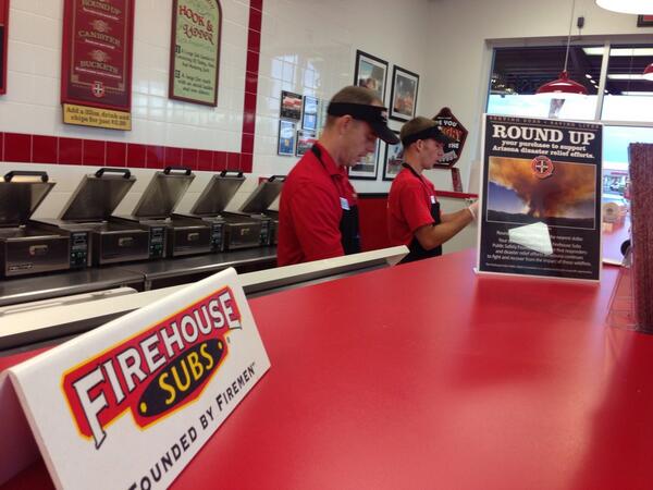 RyanPForan's tweet photo. @FirehouseSubs is up early making hundreds of sandwiches for people of Prescott dealing with Yarnell Hill Fire. http://t.co/FI8wD5qa93