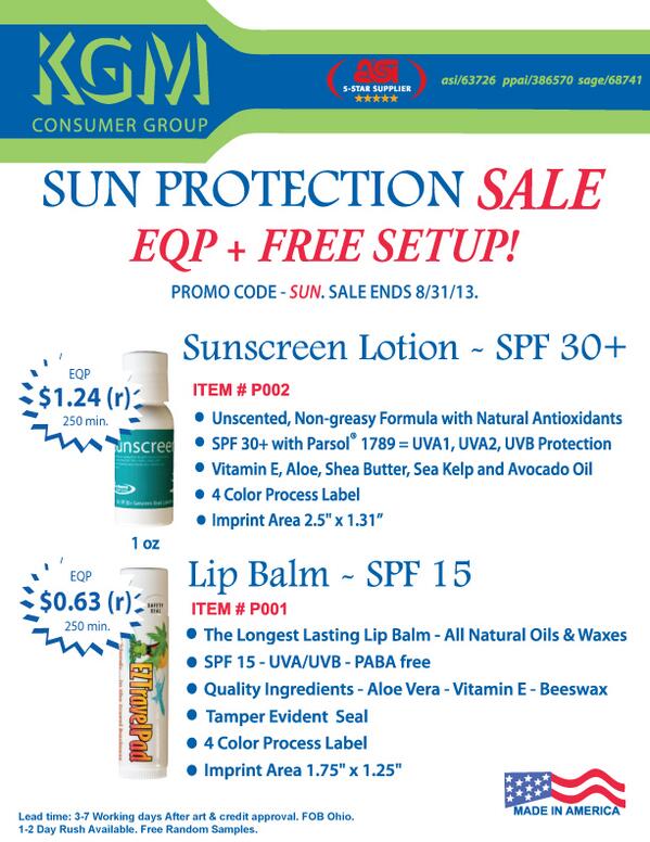KGM_Promo's tweet photo. Suncare Sale! EQP + Free Setup of SPF 15 Lip Balm &amp; SPF 30 Sunscreen Lotion! Call 4 Free Samples. Promo code SUN http://t.co/B0j1l1lyx5