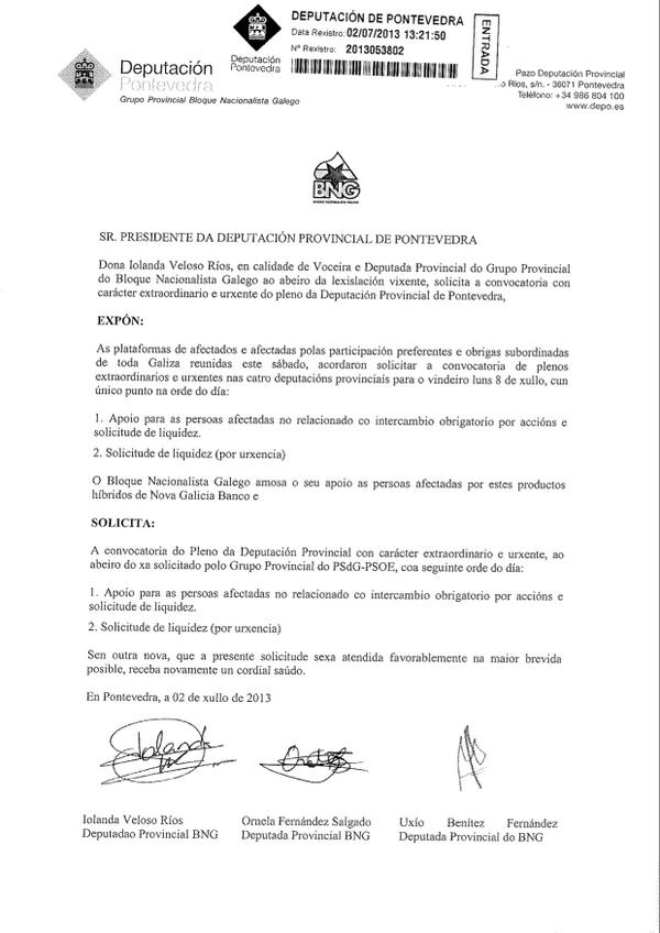 BNG_DePo's tweet photo. Deputad@s do BNG solicitaron hoxe un Pleno Extraord. e Urx. da @depo_es pola conversión de accións das preferentes. http://t.co/8taXQPwtoD